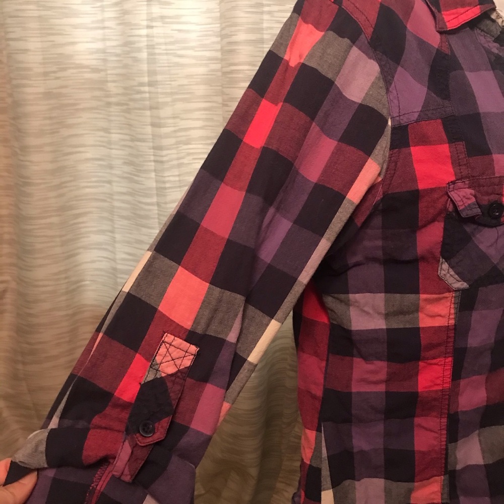 Button up shirt- pink, purple, navy, gray squares - Picture 2 of 9